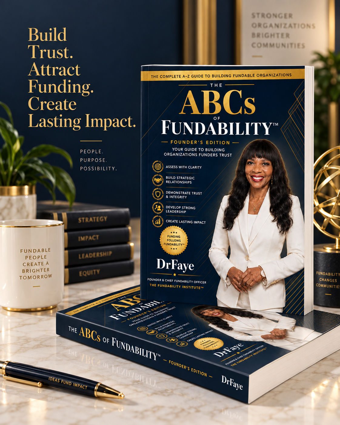 The ABCs of Fundability book displayed in an office with Build Trust, Attract Funding artwork