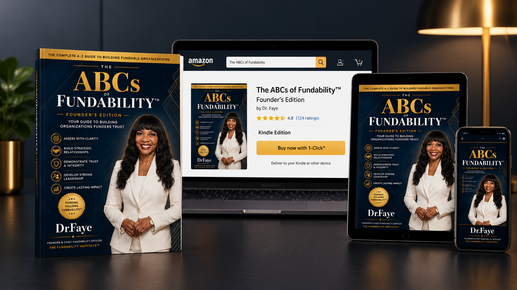 The ABCs of Fundability hardcover beside a laptop, tablet, and phone showing the book on Amazon