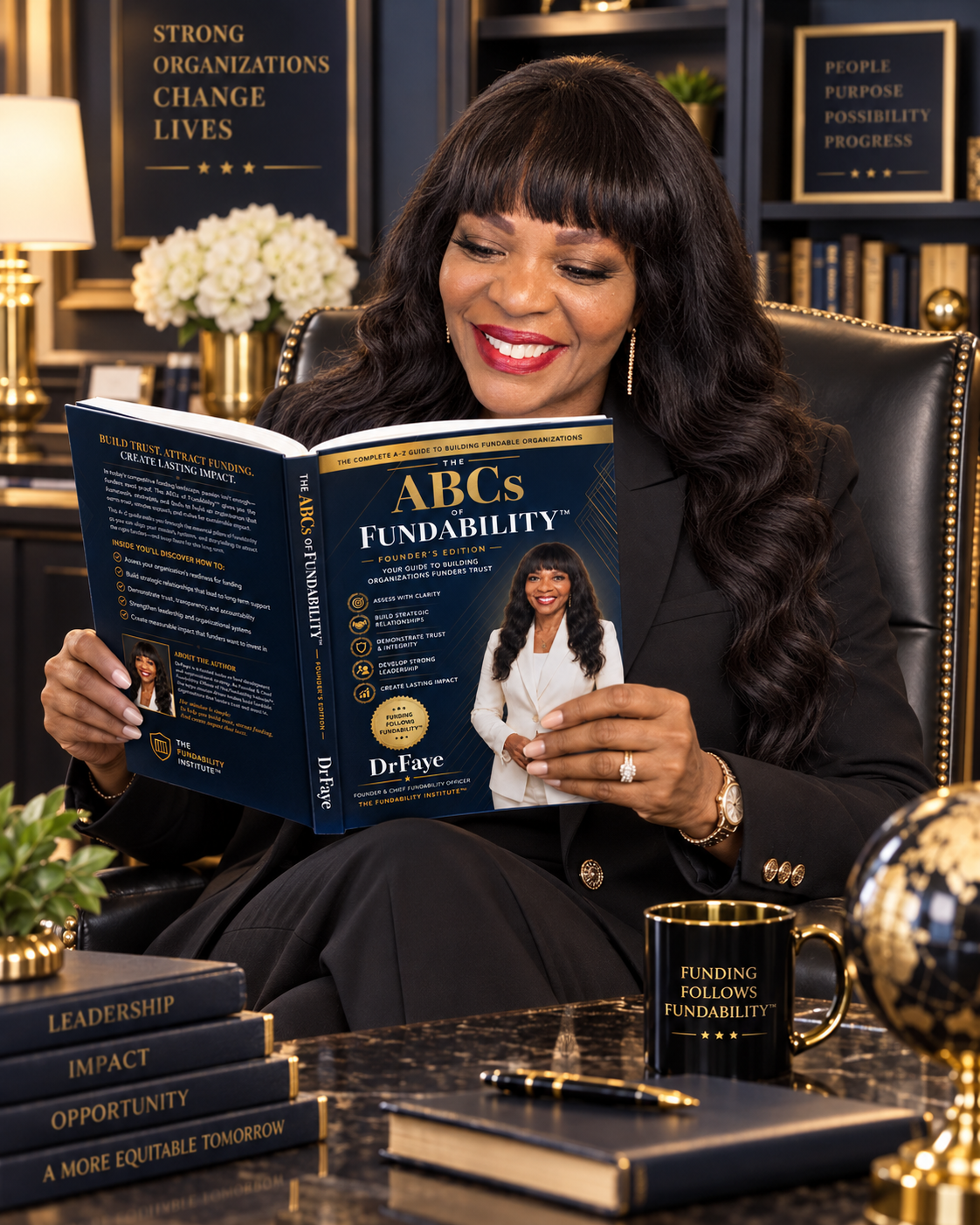 DrFaye reading The ABCs of Fundability™ in an executive office setting